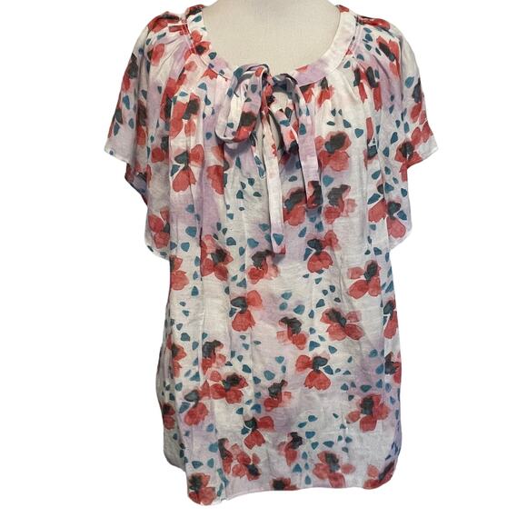 Zac & Rachel White Floral Top Women's Large  Flutter Sleeves Tie Neck Blouse - Picture 1 of 7
